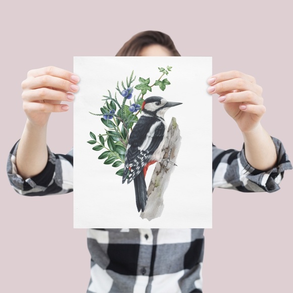 Great Spotted Woodpecker Bird Wall Art Watercolor Illustration Print Unframed - Picture 4 of 7